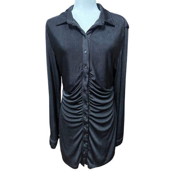 With Jean Andy Mini Dress Long Sleeve Full Button Stretch XL Black Sexy Go Out - Picture 1 of 11
